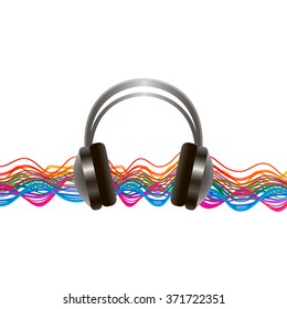 Composition of headphones, abstract design elements, colors and lights as a concept metaphor for music, audio, audiophile, performance, songs, games and entertainment, equalizer. vector