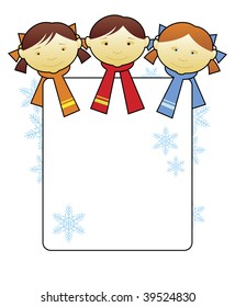 Composition with heads of kids. One head of the boy and two heads of girls are located on a white background. Scarfs are put on them.