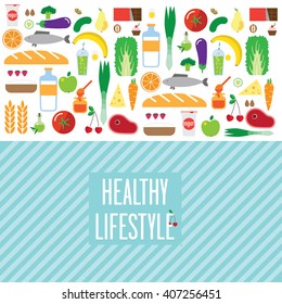 composition, a healthy diet. Food, drinks arranged in a circle, the center has the inscription "healthy lifestyle", also there is a place for the text.