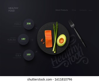 Composition of healthy food. Asparagus, avocado, salmon on a black plate indicating calorie content and vitamin. Healthy fresh tasty food. Realistic vector illustration on a black background.