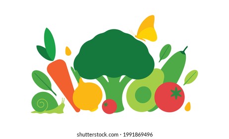 Composition of heap different vegetables on white background. Short collage of farmer vegetables for layout. Healthy food concept. Modern vector illustration for poster, design, banner.