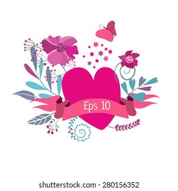the composition of heart, flowers and ribbons