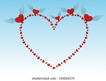 The composition of hearts that love on the wings raised. St. Valentine's Day. Empty Mestre for your advertising or inscriptions. Vector illustration Greeting card. Blue background