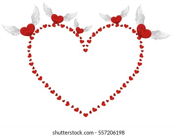 The composition of hearts that love on the wings raised. St. Valentine's Day. Empty space for your advertising or inscriptions. Vector illustration Greeting card. White background