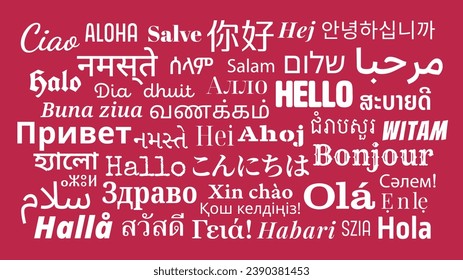 Composition of "Hello" messages in world different written languages, White texts on Magenta background