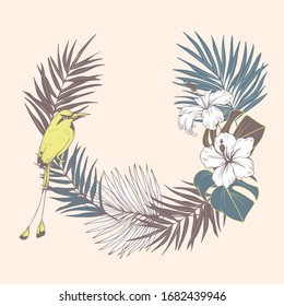 Composición con hibiscos, hojas de palma y pájaro. Ilustración botánica vectorial