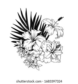 Composition with hibiscus and palm leaves. Vector botanical illustration