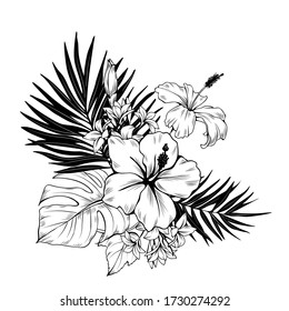 Composition with hibiscus and palm leaves. Vector botanical illustration