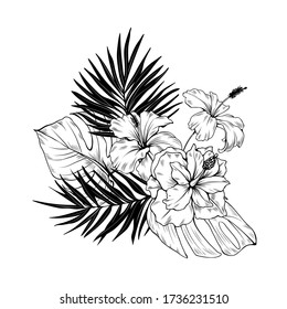 Composition with hibiscus and palm leaves. Vector botanical illustration