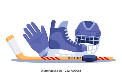 Composition of hockey equipment. Helmet, gloves, stick, puck, skates whistle water bottle Vector illustration