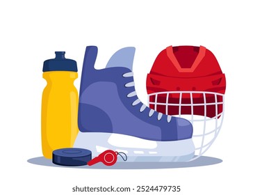 Composition of hockey equipment. Helmet, puck, skates, whistle water bottle Vector illustration