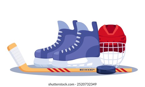 Composition of hockey equipment. Helmet, stick, puck, skates whistle Vector illustration