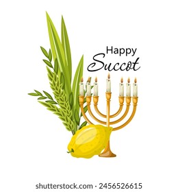 Composition of the holiday of Sukkot lulav, ertog and menorah. Freehand drawing, isolate on a white background, clipart. Vector