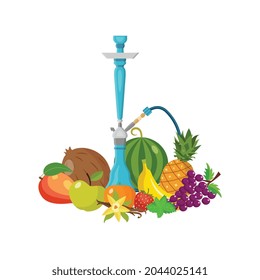 Composition with hookah and various fruits and berries, flat vector illustration isolated on white background. Oriental tobacco smoking hookah with fruits.