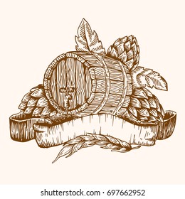 Composition from hop of barley and  barrel of beer. Engraving draw. Vector illustration