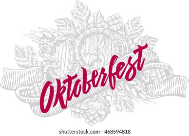 Composition from hop of barley and two barrels of beer. Engraving draw. Vector illustration, isolated, grouped, transparent background.
 - Powered by Shutterstock - Get 15% off with code: PIKWIZARD15