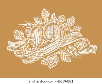 Composition from hop of barley and two barrels of beer. Engraving draw. Vector illustration, isolated, grouped, transparent background.
