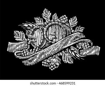 Composition from hop of barley and two barrels of beer. Engraving draw. Vector illustration, isolated, grouped, transparent background.
 - Powered by Shutterstock - Get 15% off with code: PIKWIZARD15
