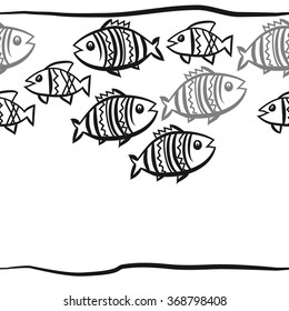 Composition of horizontal pattern, doodles, fishes, zigzag, hole. Hand drawn.