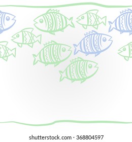 Composition of horizontal pattern, doodles, fishes, zigzag, hole. Hand drawn.