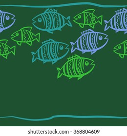 Composition of horizontal pattern, doodles, fishes, zigzag, hole. Hand drawn.