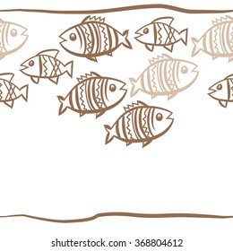 Composition of horizontal pattern, doodles, fishes, zigzag, hole. Hand drawn.