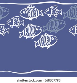 Composition of horizontal pattern, doodles, fishes, zigzag, hole. Hand drawn.