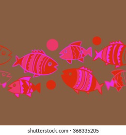 Composition of horizontal seamless pattern, doodles, fishes, zigzag,spots, hole,  copy space. Hand drawn.