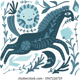 Composition with horse, flowers, wild grasses, moon and sun in a folk art decorative style. Hand drawn vector illustration. Concept in blue colors. Folklore elements, nordic traditional art. 