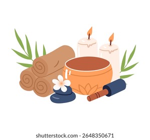 Composição de toalhas laminadas a quente, velas aromáticas, tigela de canto, pedras de massagem de basalto e plantas tropicais. Ilustração de vetor desenhado à mão para o site de spa, embalagem de aromaterapia e design de menu de spa.