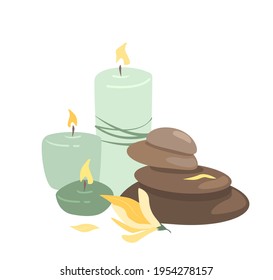 Composition of Hot stones, burning candles and aroma fragrant Champaka Flowers for body massage, skin therapy and beauty treatment. Colored flat vector illustration isolated on white background