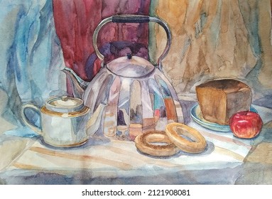 Composition of household items. Watercolor painting.