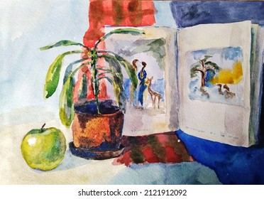 Composition of household items. Watercolor painting.