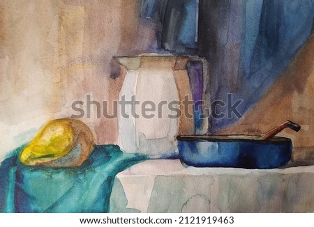 Composition of household items. Watercolor painting.