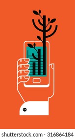 Composition with human hand holding smartfon.