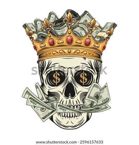 Composition with human skull in golden crown, with mouth full of cash money, 100 dollar bills. Concept of money power. Vintage style