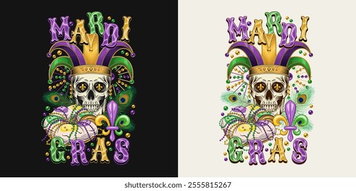 Composition with human skull in jester harlequin hat., traditional festival Mardi Gras food, beer and king cake. Peacock feathers, bead behind. T shirt graphics