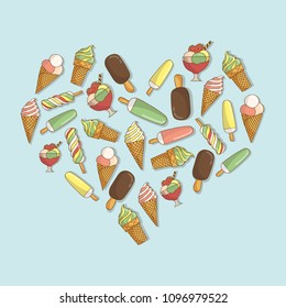 Composition with ice-cream in a shape of heart. Colorful tasty isolated ice cream at a blue background. Vector Illustration. Hand drawn.