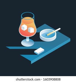 Composition with iced orange drink glass and ashtray. Blue light and long shadows. Isometric vector illustration in flat style.