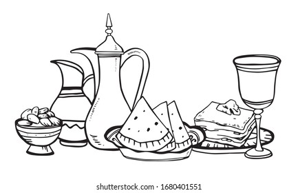 Composition with Iftar food and utensils. Hand drawn outline vector sketch illustration