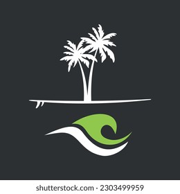 Composition illustration with coconut trees, surfboard and waves in graphic style. Art for logos, prints on t-shirts and etc...