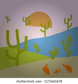 Composition. Illustration on neutral, beige and green colors. Vector cartoon desert with road, cactuses and rock mountains. Desert texas landscape.