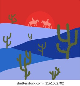 Composition. Illustration on neutral, orange and blue colors. Desert texas landscape. Vector cartoon desert with road, cactuses and rock mountains.