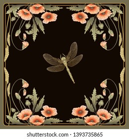 Composition, illustration with poppies, spikelets and dragonfly.