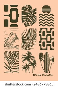 Composition illustration of tropical elements and the city of Rio de Janeiro, Brazil.