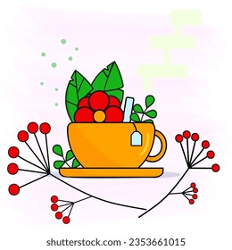composition with the image of a cup on a saucer, drawing, composition with a flower, leaves, mountain ash, autumn composition, summer composition, beautiful picture