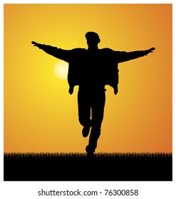 Composition with the image of a man's silhouette. The man runs on a grass. On a distance shot the sun shines.