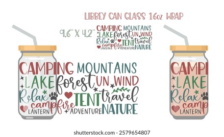 Composition of inscriptions on the theme of hiking and outdoor recreation. Printable Full wrap for libby class can with mock up