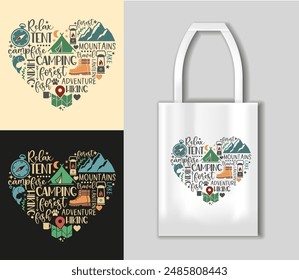 Composición de inscripciones e imágenes en forma de corazón sobre el tema de senderismo. Concepto de camping con mockup tote bag