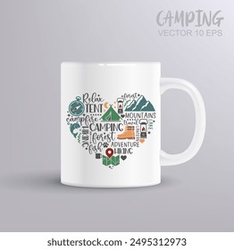 Composition of inscriptions and pictures in the heart shape on the theme of hiking. Camping concept with mug mockup